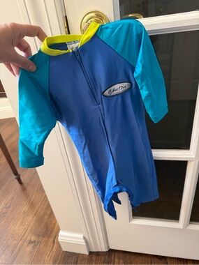 Blue & Teal Kids One-Piece Rash Guard Swimsuit with Yellow Trim
